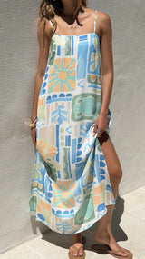 Women`s Casual Strappy Maxi Dress with Abstract Sun Print