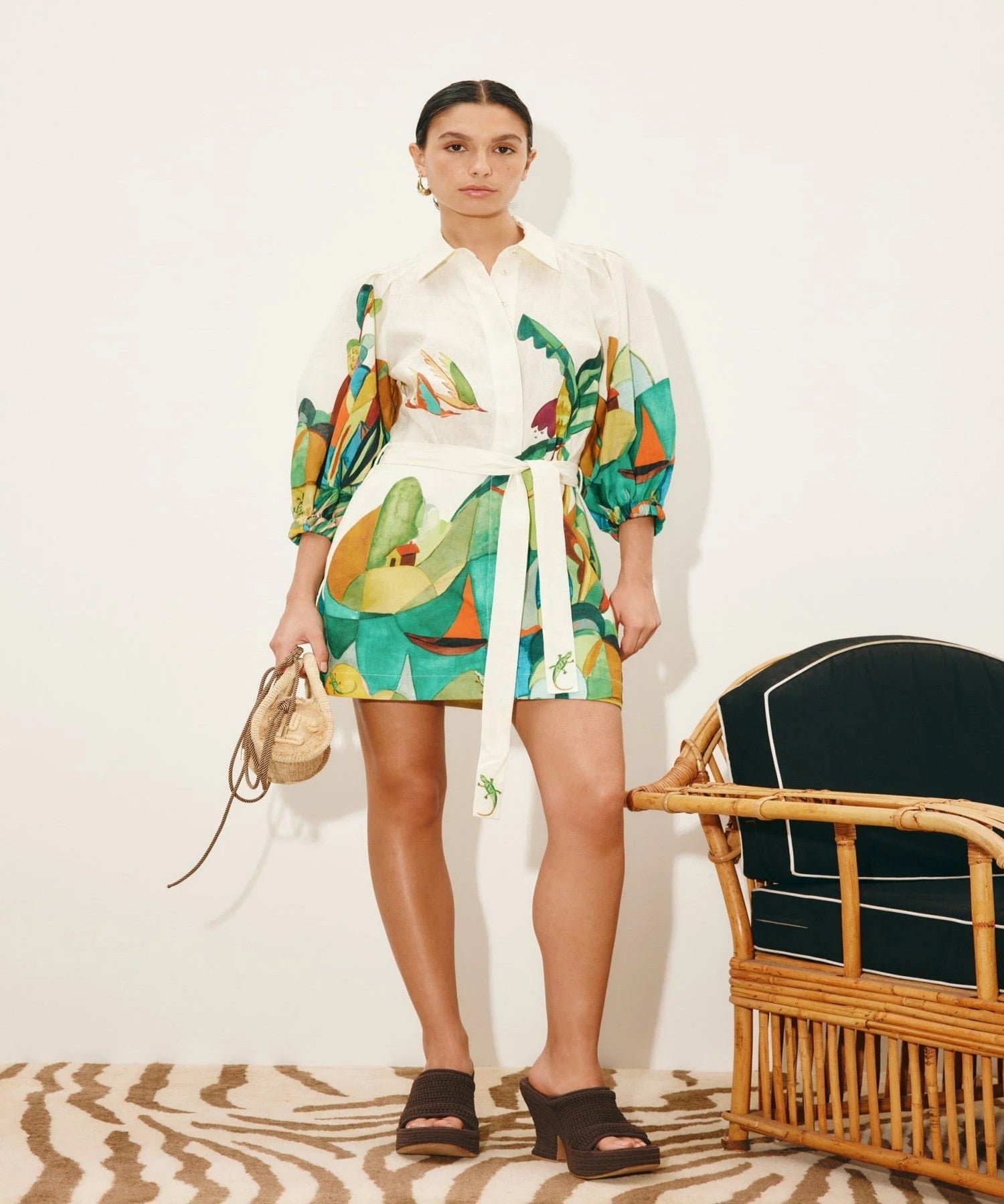 Women`s Artistic Landscape Linen Mini Shirtdress
