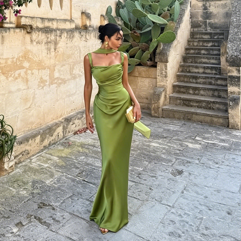 Elegant Olive Green Satin Maxi Dress