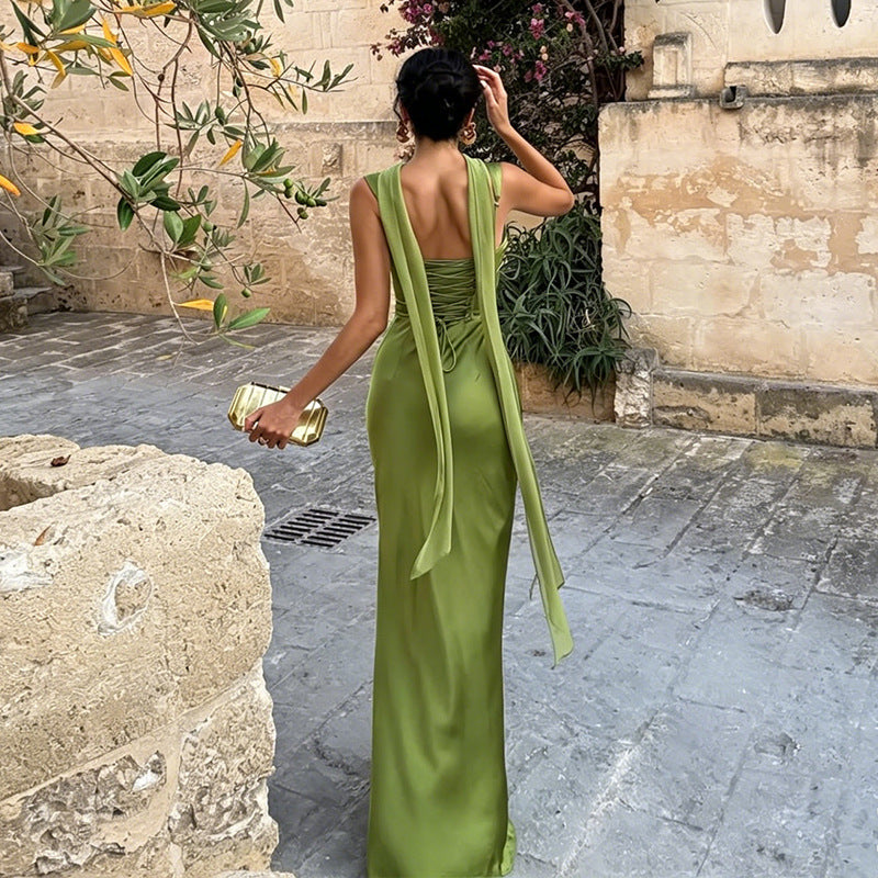 Elegant Olive Green Satin Maxi Dress