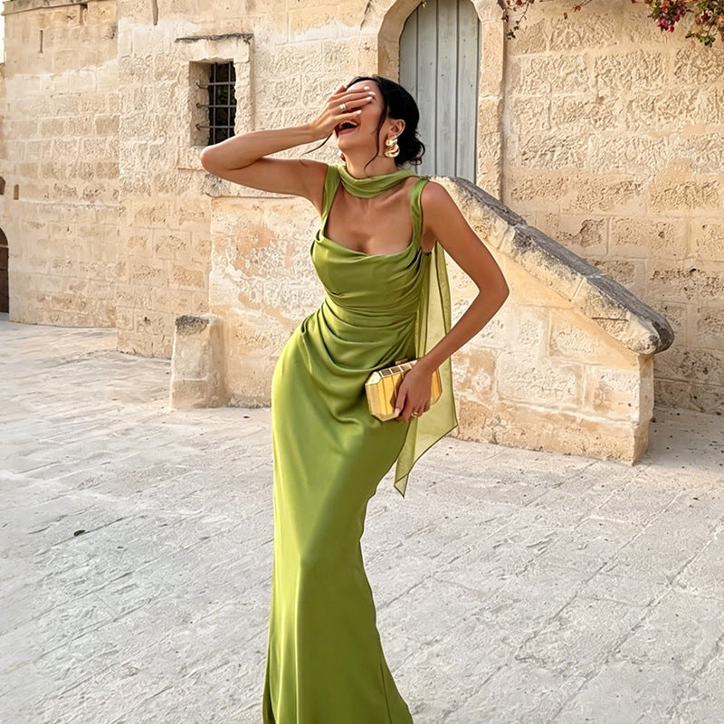 Elegant Olive Green Satin Maxi Dress