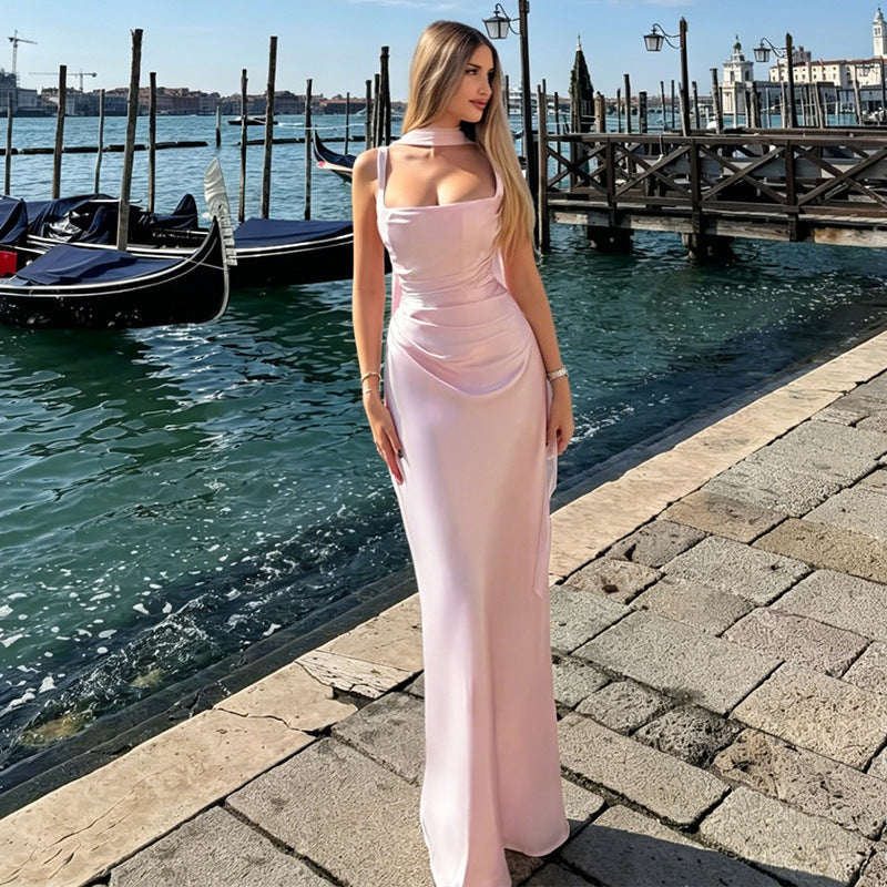 Elegant Olive Green Satin Maxi Dress