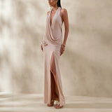 Ethereal Champagne Cowl-Neck Halter Gown
