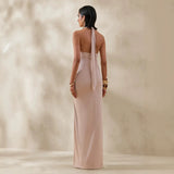 Ethereal Champagne Cowl-Neck Halter Gown