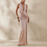 Ethereal Champagne Cowl-Neck Halter Gown