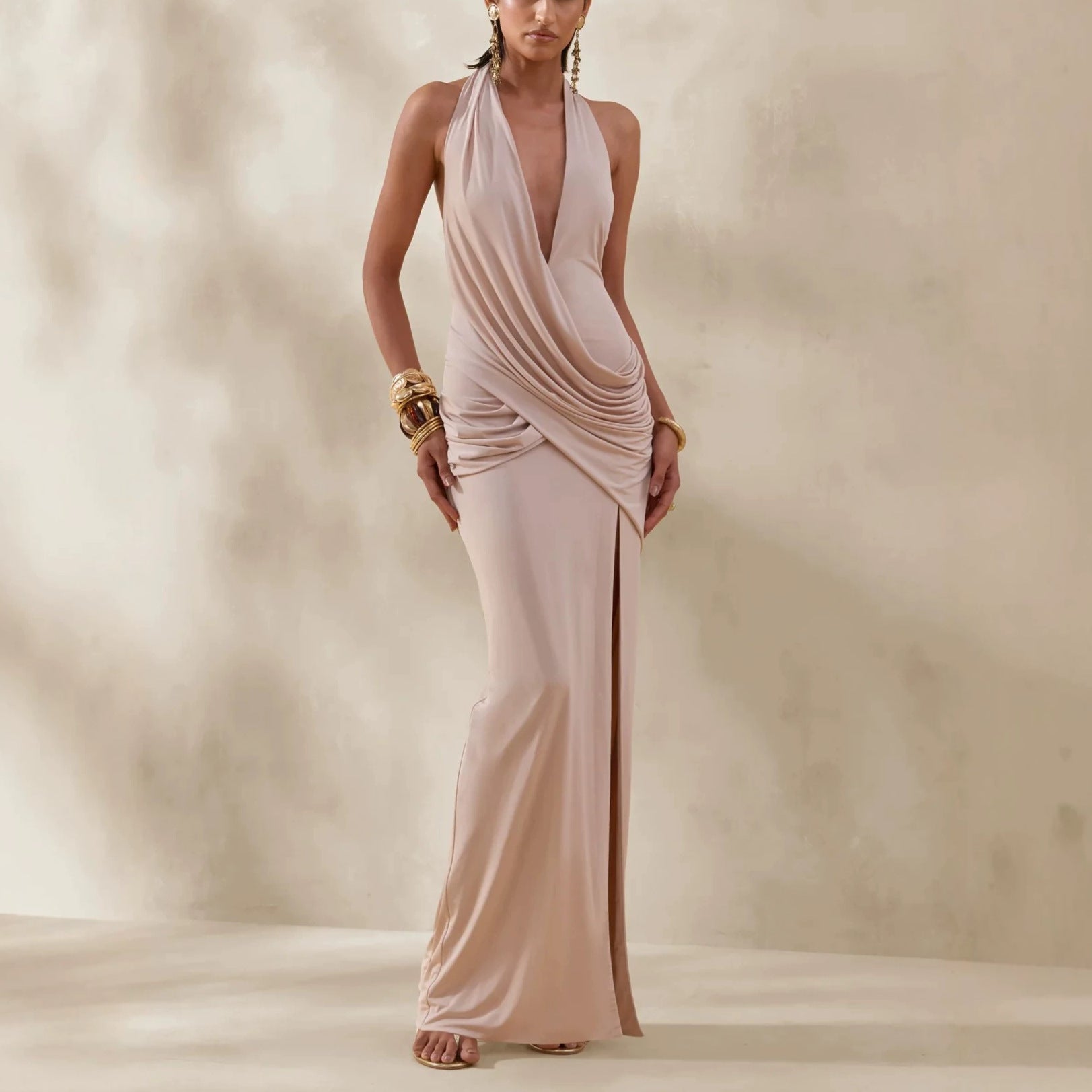 Ethereal Champagne Cowl-Neck Halter Gown