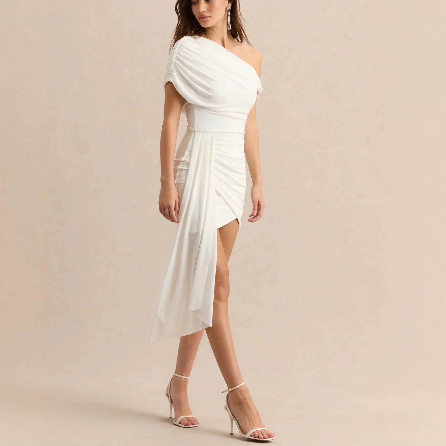 Goddess Ruched One-Shoulder Mini Dress
