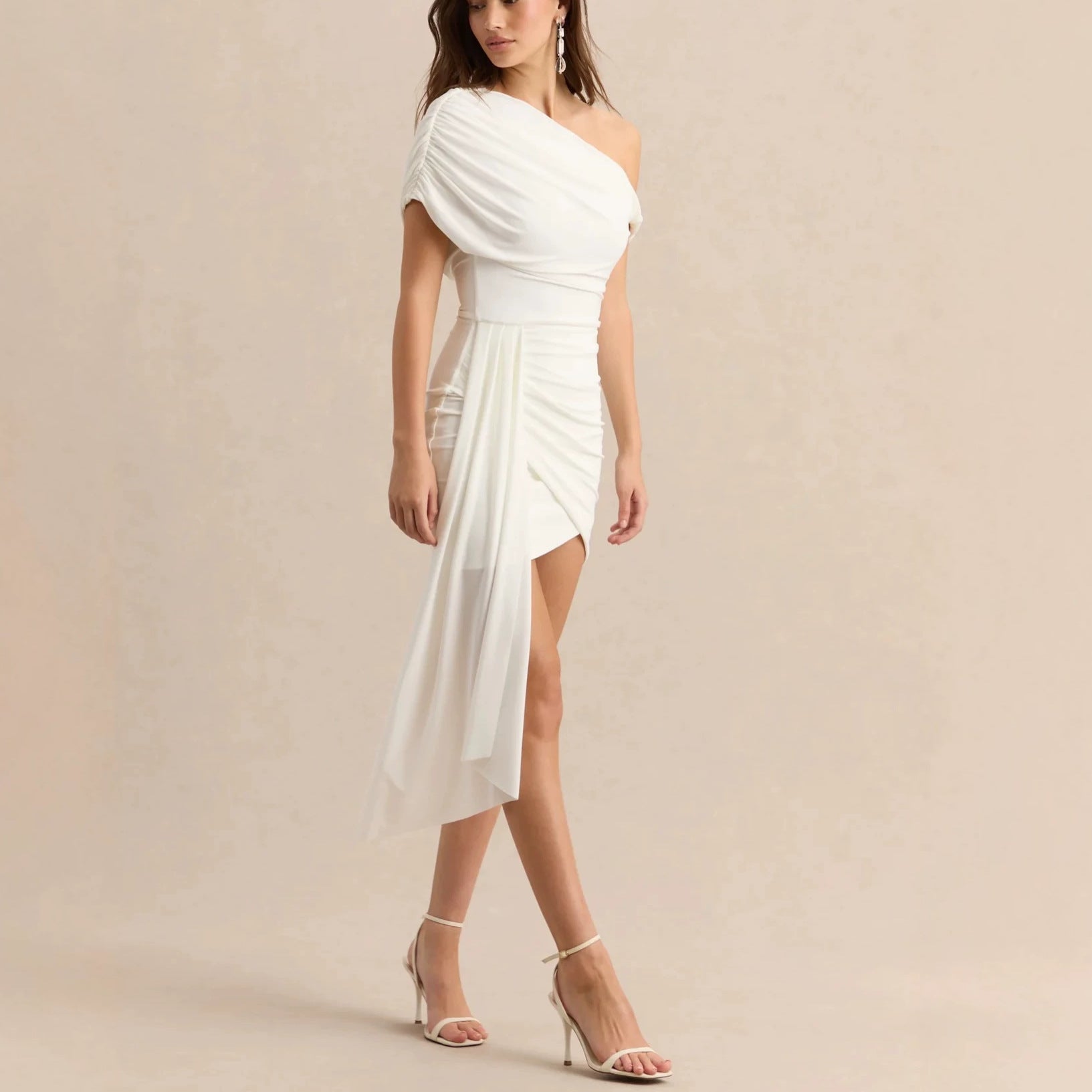 Goddess Ruched One-Shoulder Mini Dress