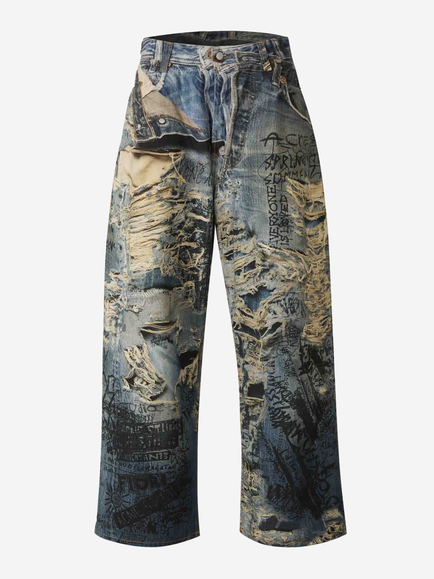 Avant-Garde Graffiti Print Ripped Jeans