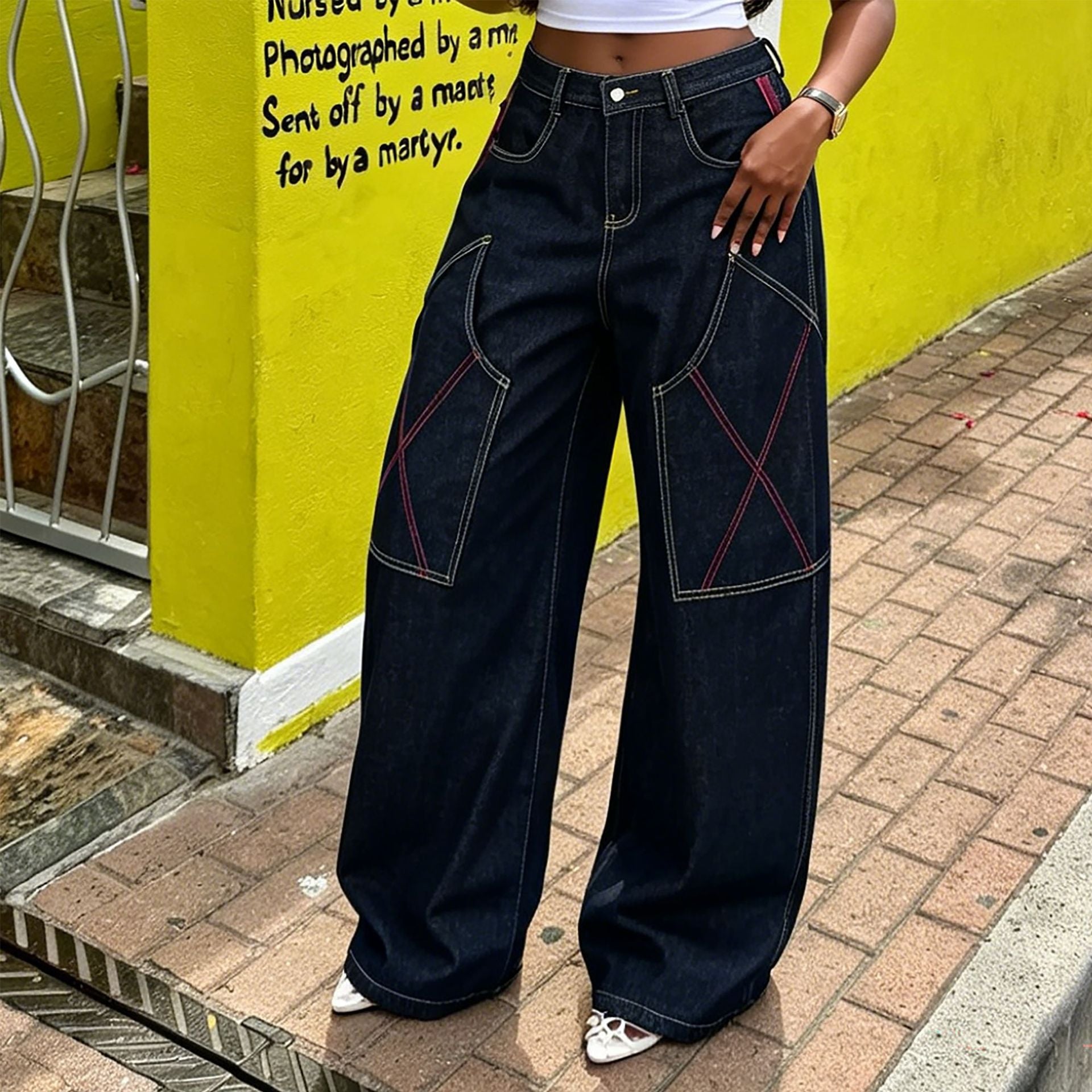 Urban Grunge Dark Wash Wide-Leg Jeans