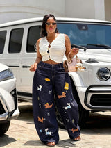 Playful Y2K Embroidered Patch Wide-Leg Jeans