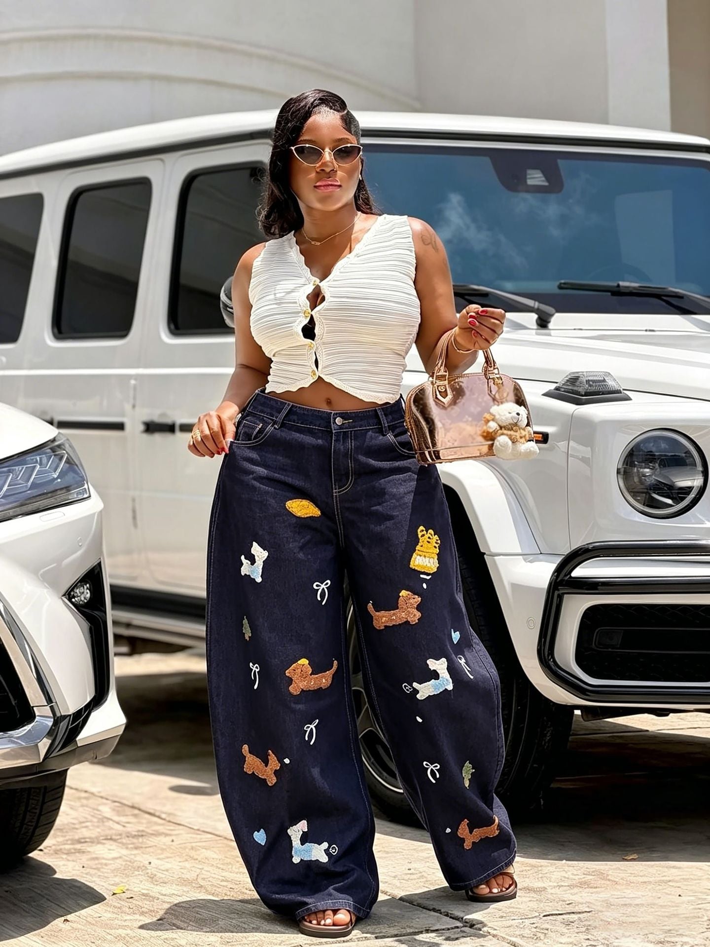 Playful Y2K Embroidered Patch Wide-Leg Jeans