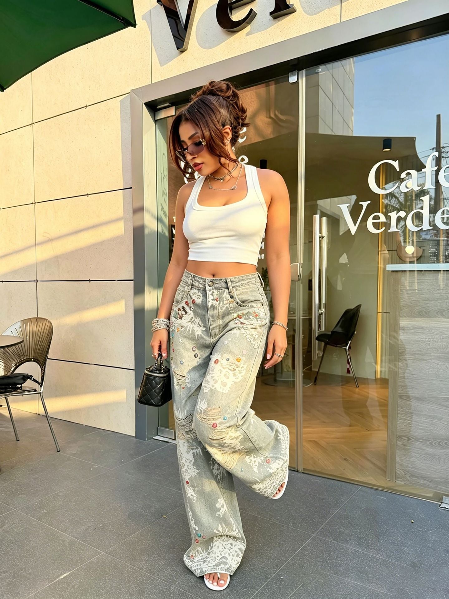 Vintage Acid-Wash Distressed Wide-Leg Jeans