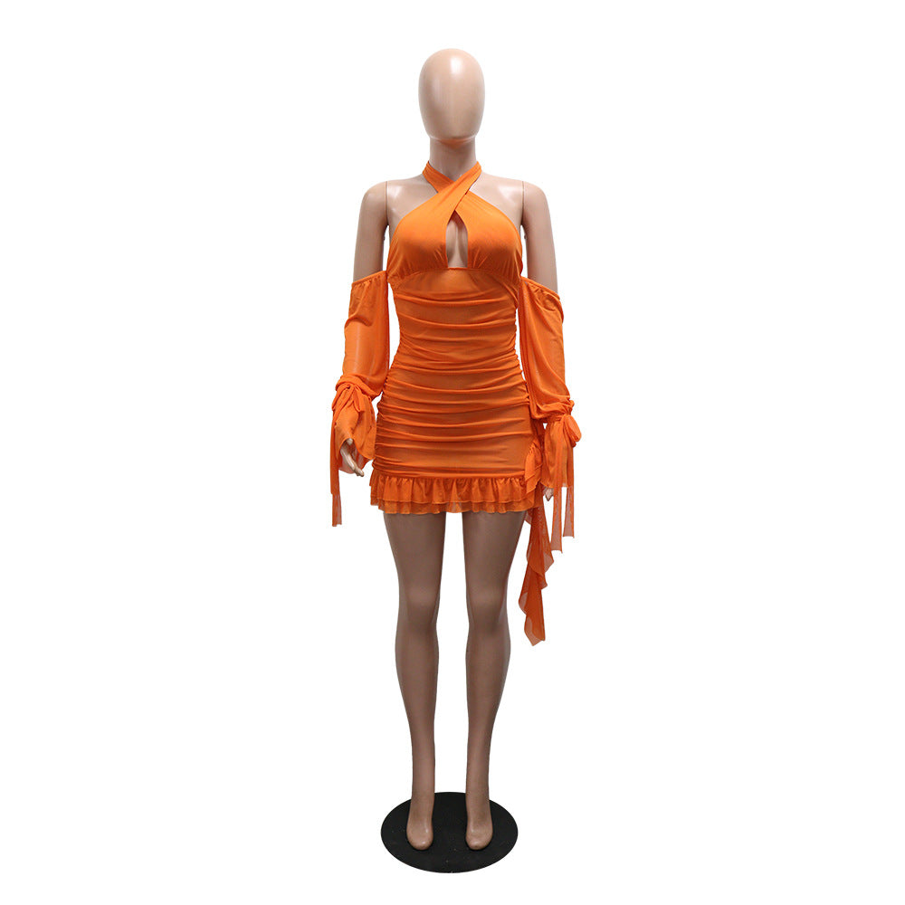 Neon Orange Ruched Mesh Halter Mini