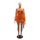 Neon Orange Ruched Mesh Halter Mini