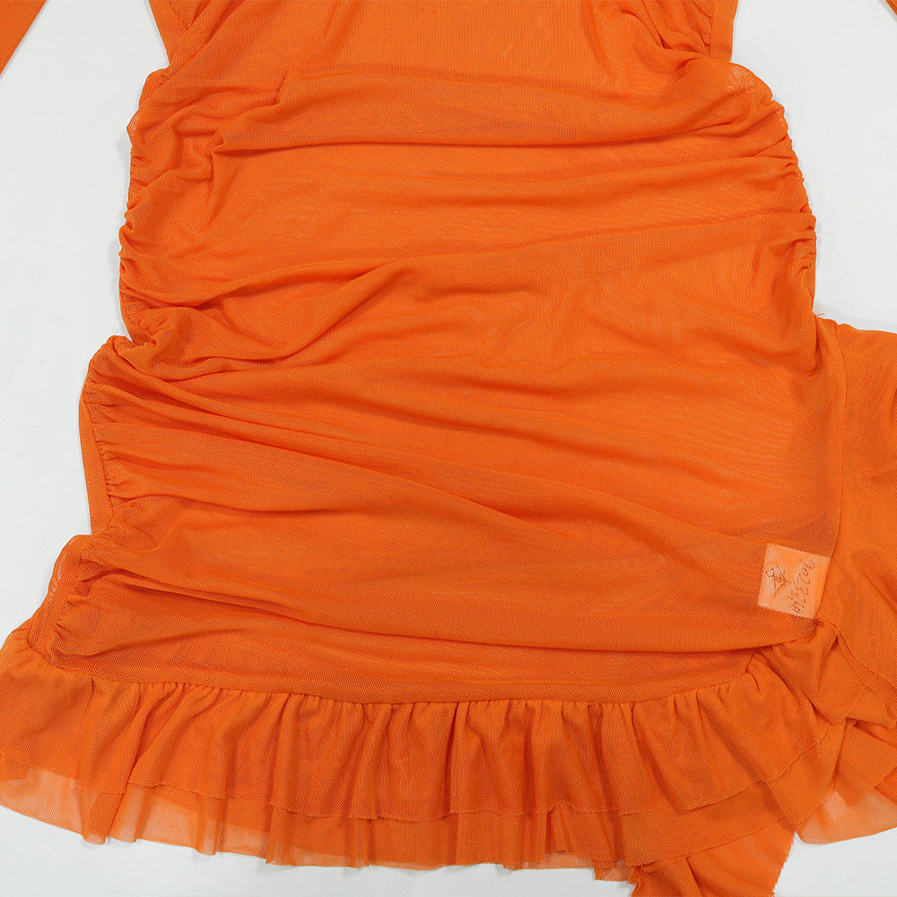 Neon Orange Ruched Mesh Halter Mini