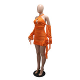 Neon Orange Ruched Mesh Halter Mini