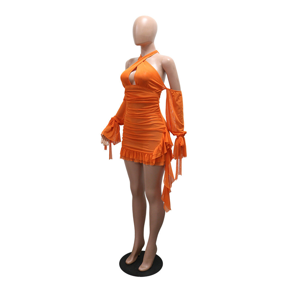 Neon Orange Ruched Mesh Halter Mini