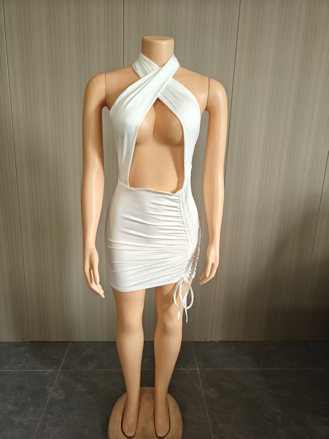 Goddess White Ruched Halter Mini Dress