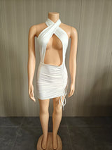 Goddess White Ruched Halter Mini Dress