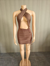 Goddess White Ruched Halter Mini Dress