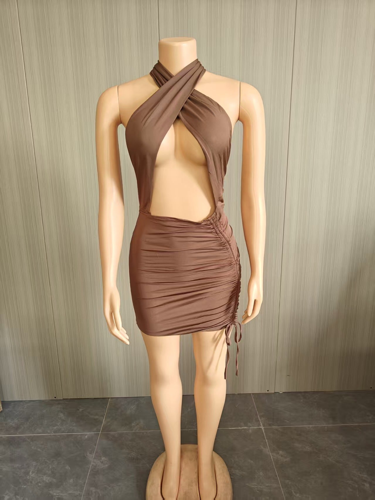 Goddess White Ruched Halter Mini Dress