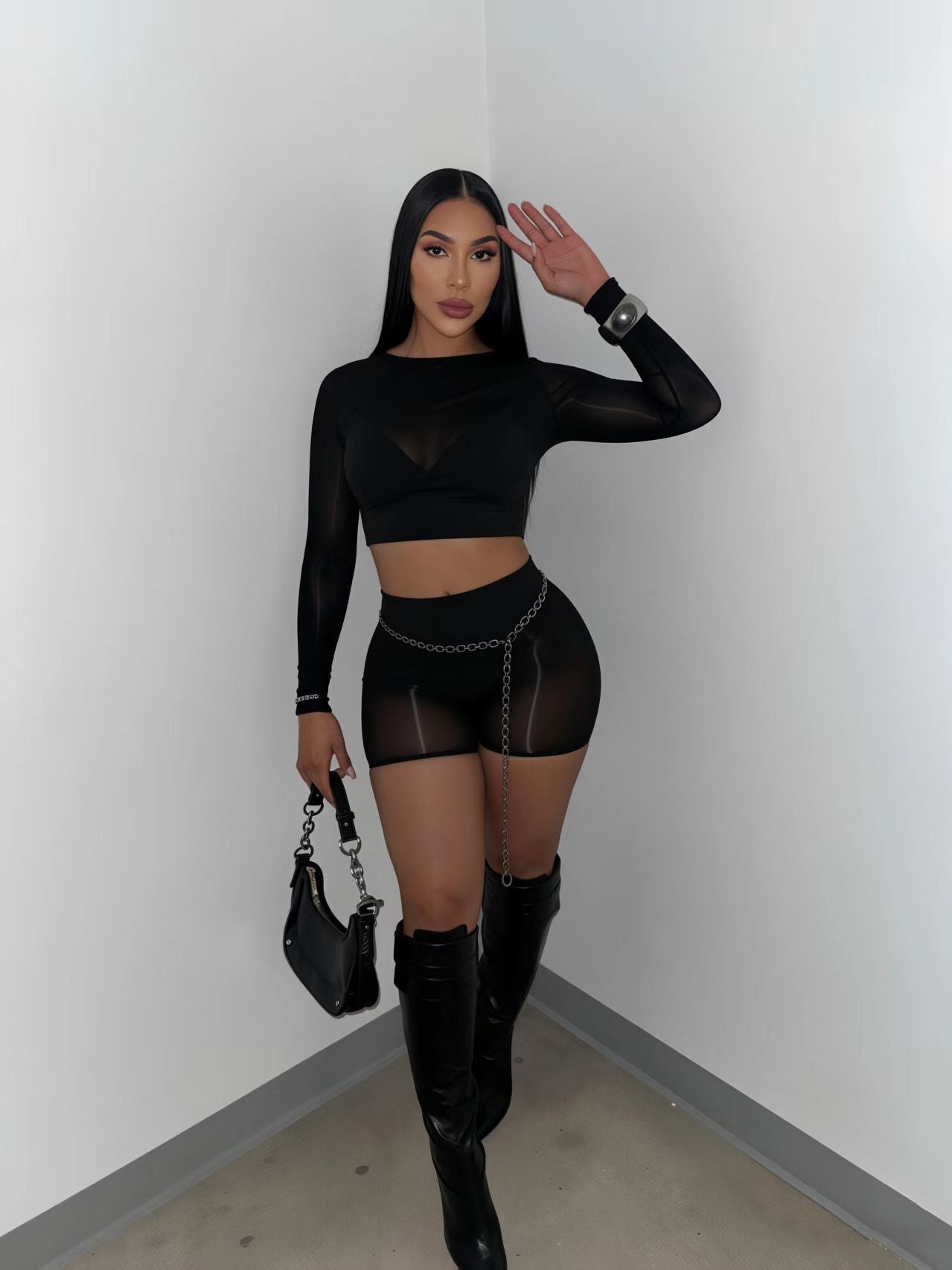 Midnight Sheer Mesh Crop & Shorts Set