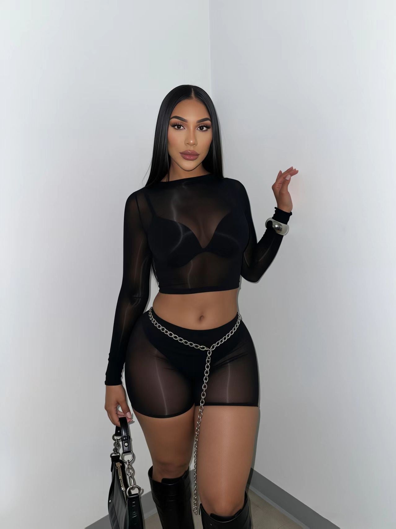 Midnight Sheer Mesh Crop & Shorts Set