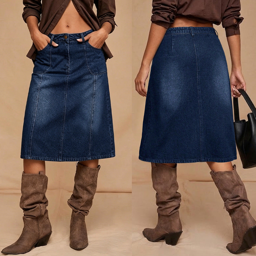 Vintage Dark Wash Denim A-Line Midi Skirt