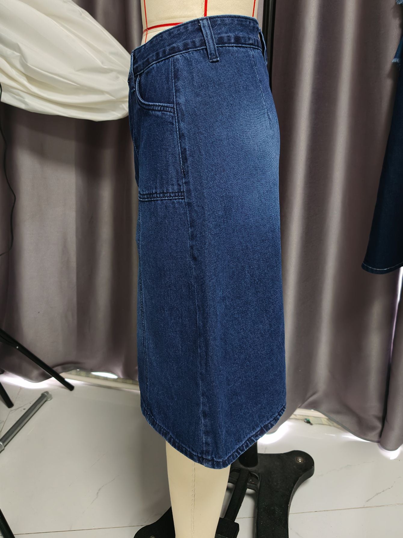 Vintage Dark Wash Denim A-Line Midi Skirt