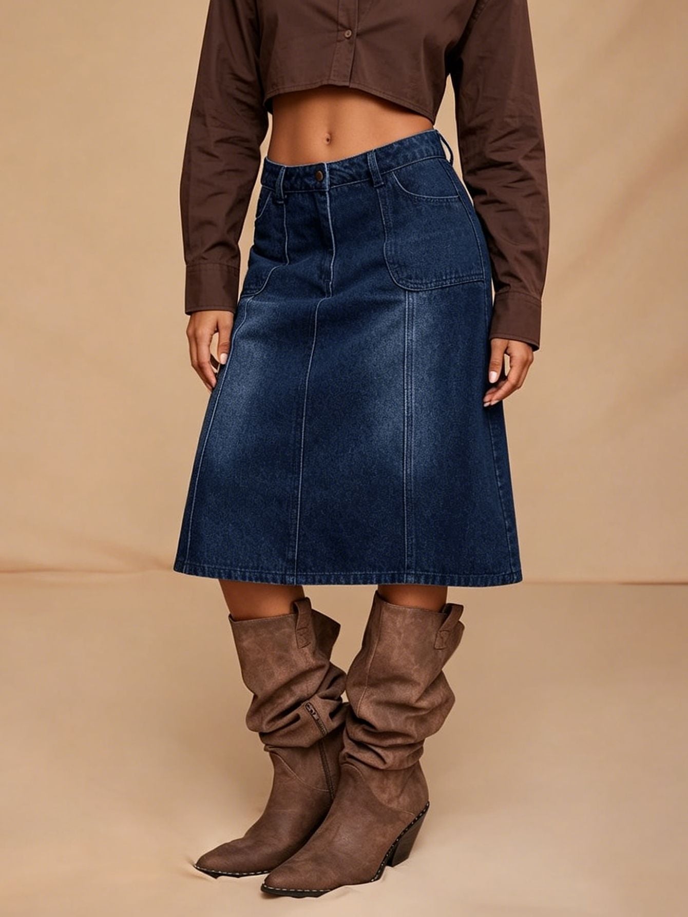 Vintage Dark Wash Denim A-Line Midi Skirt