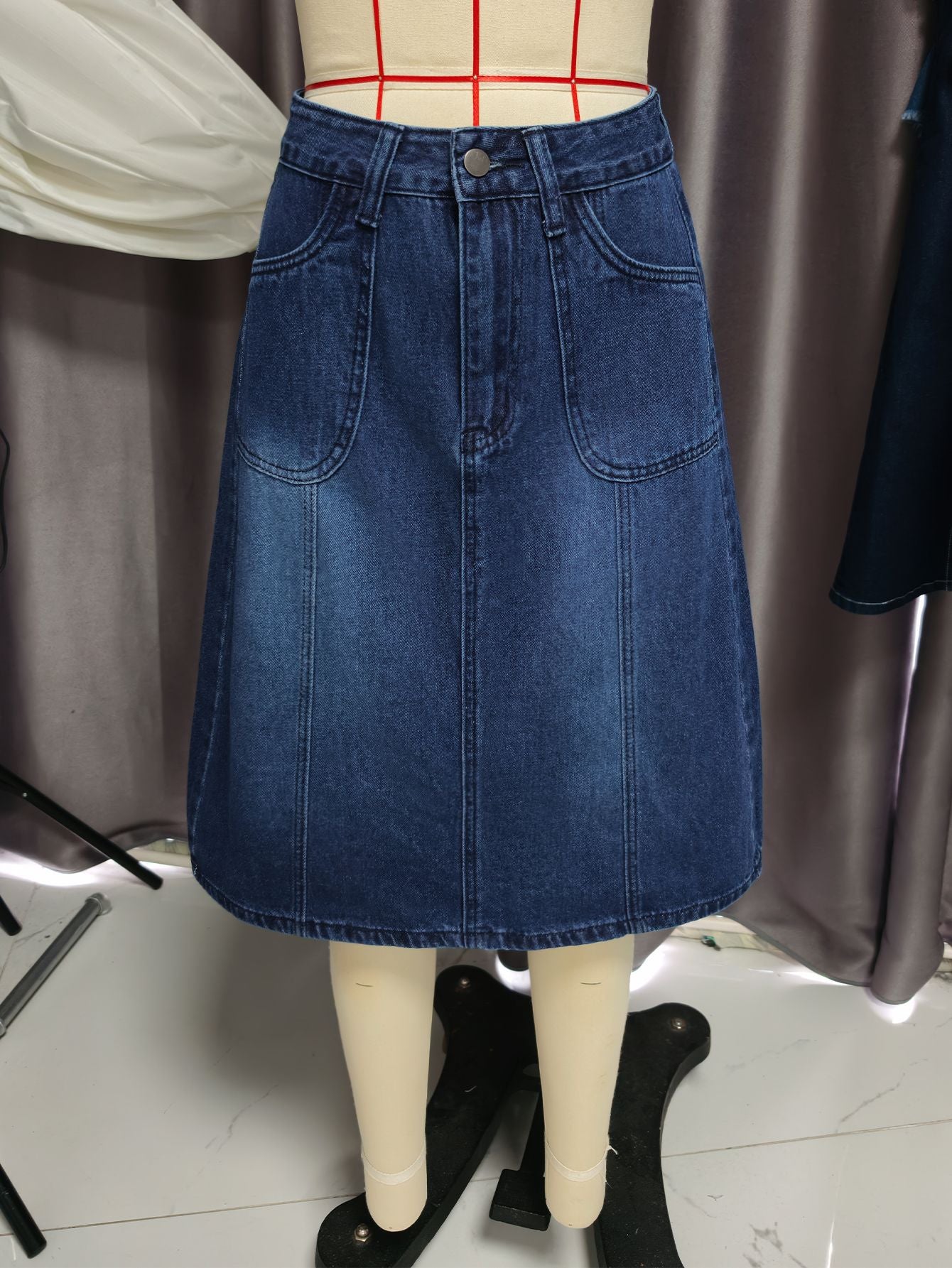 Vintage Dark Wash Denim A-Line Midi Skirt