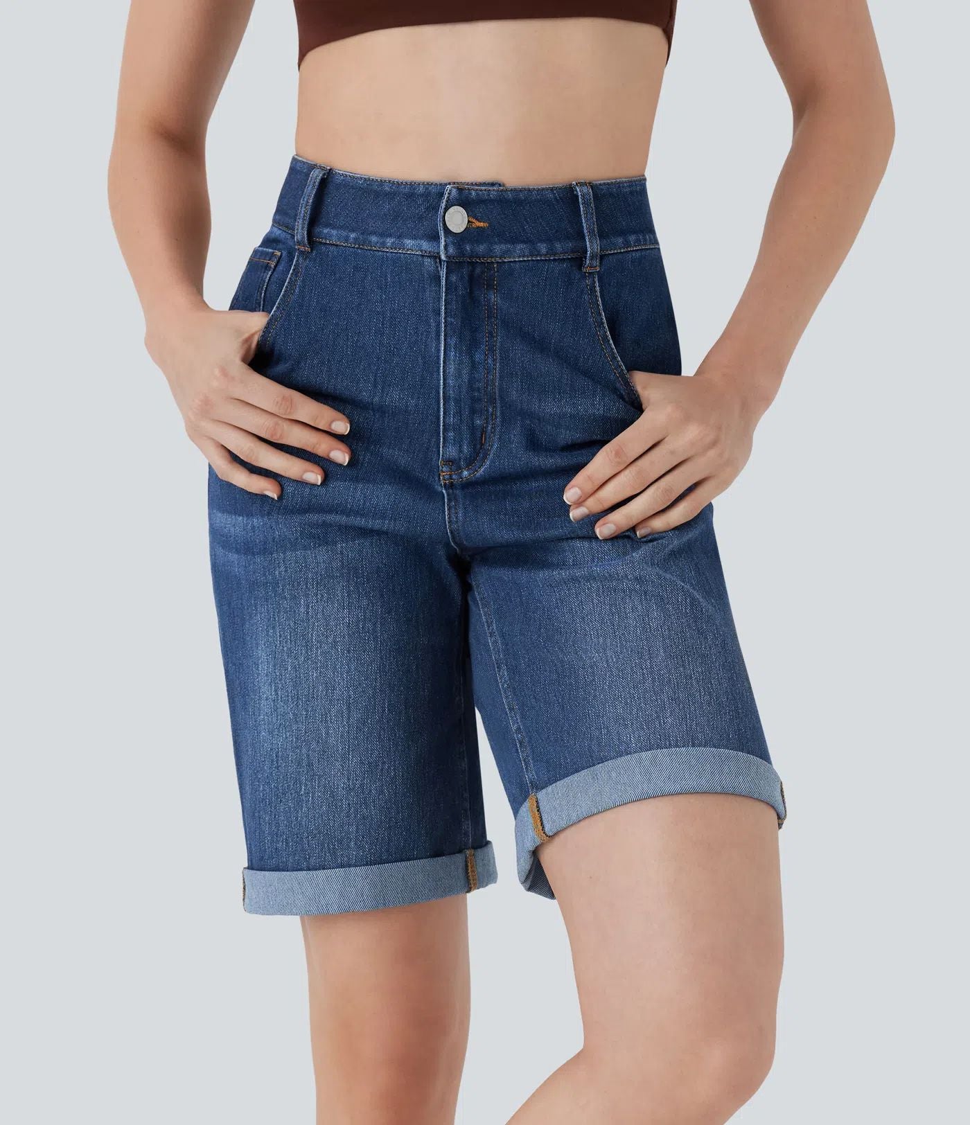 Classic High-Waisted Denim Bermuda Shorts