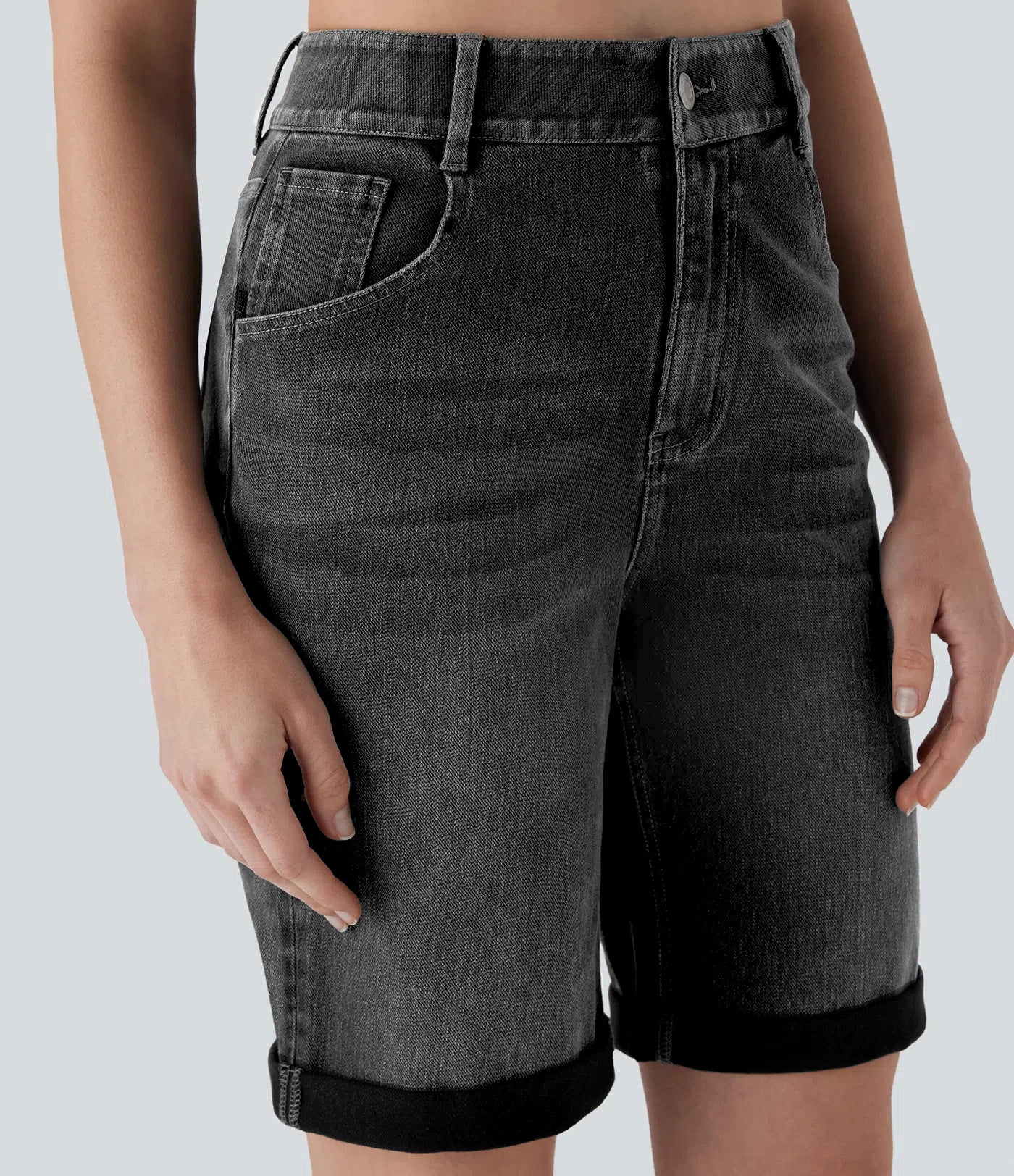 Classic High-Waisted Denim Bermuda Shorts