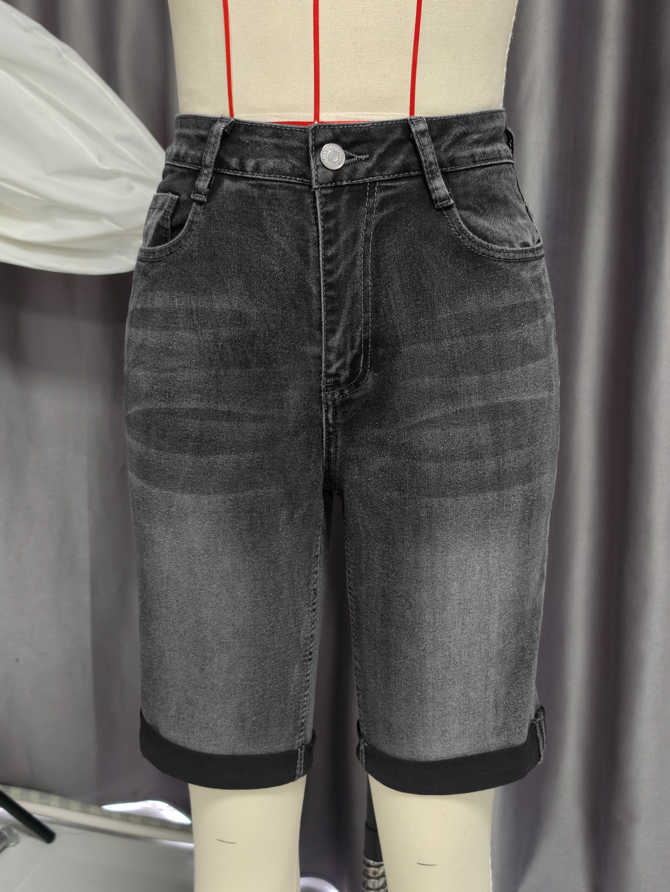 Classic High-Waisted Denim Bermuda Shorts