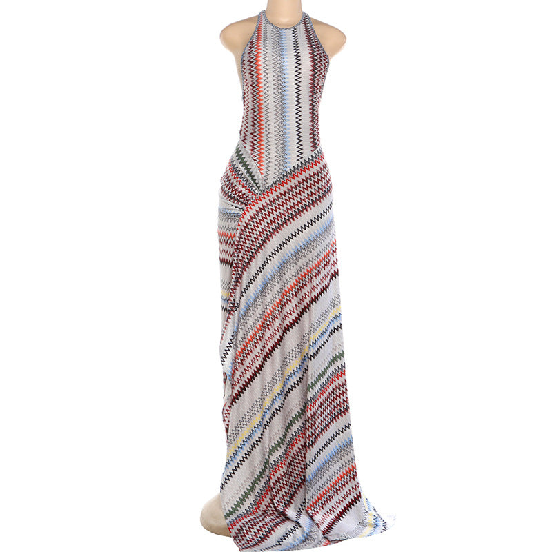 Retro Zig-Zag Knit Halter Maxi Resort Dress