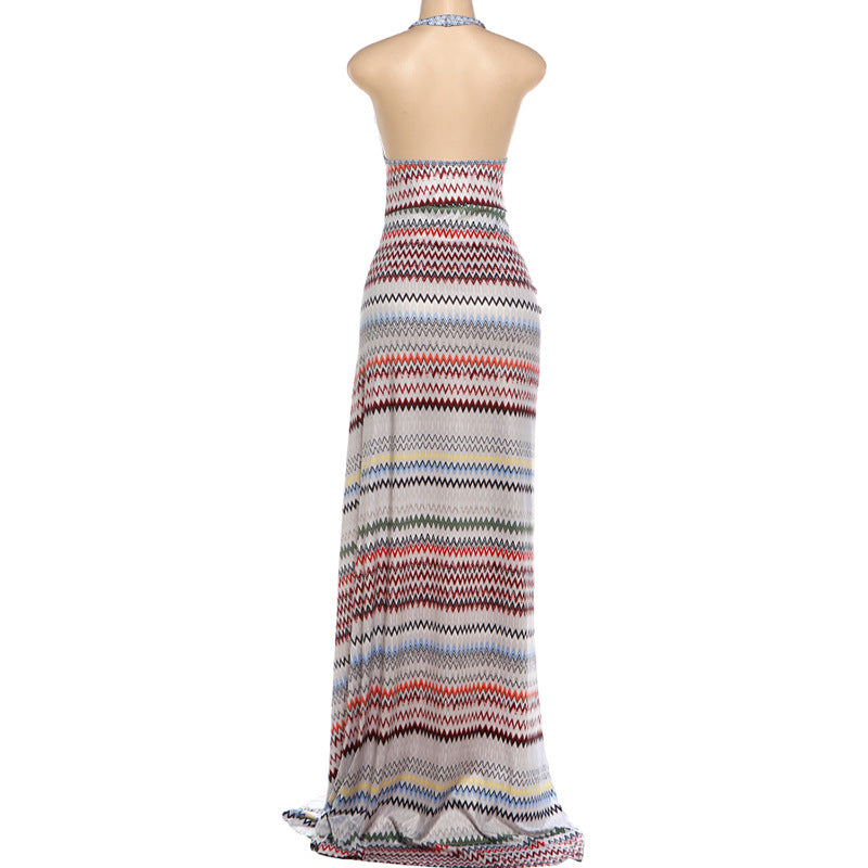 Retro Zig-Zag Knit Halter Maxi Resort Dress