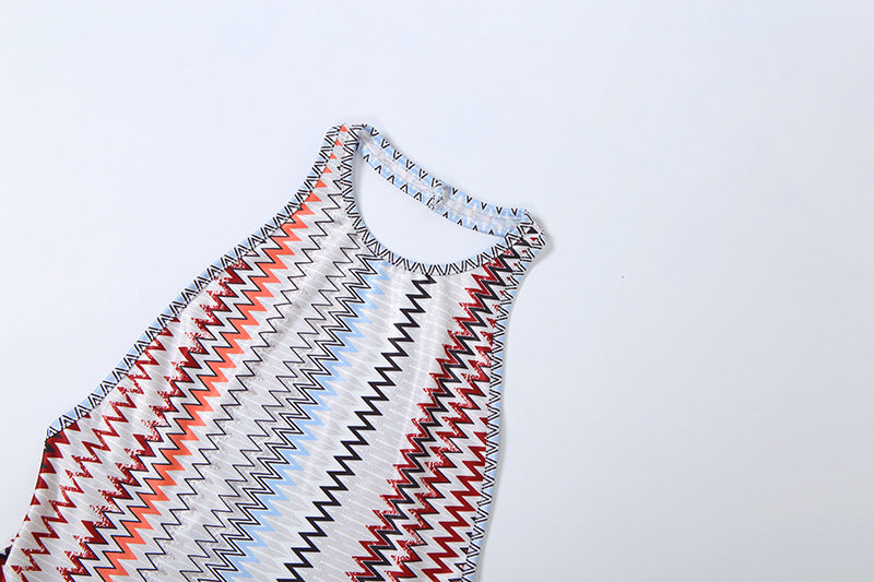 Retro Zig-Zag Knit Halter Maxi Resort Dress