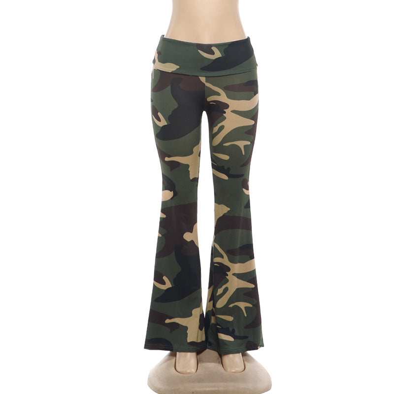 High-Waisted Camouflage Ruched Flare Pants