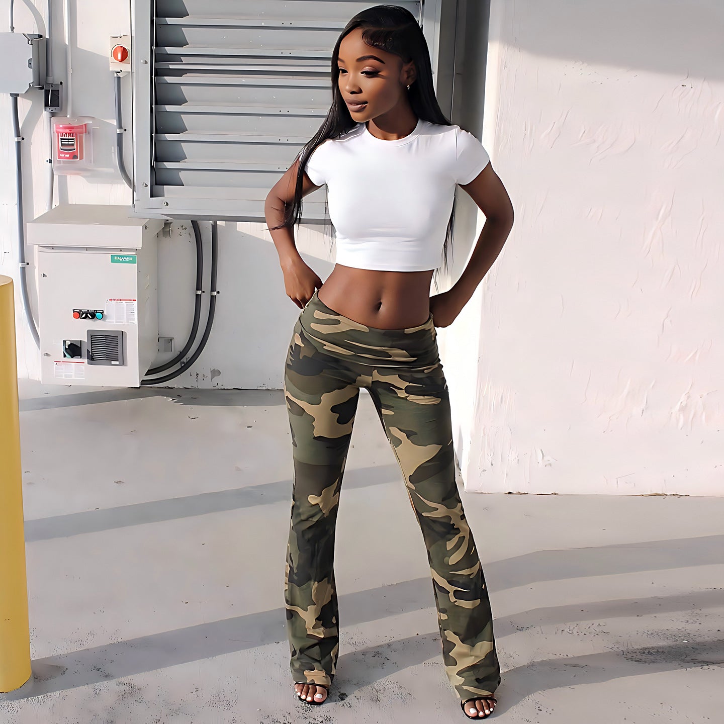 High-Waisted Camouflage Ruched Flare Pants