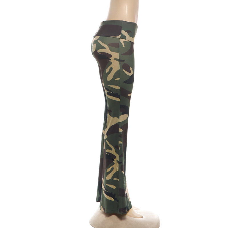 High-Waisted Camouflage Ruched Flare Pants