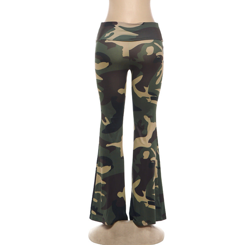 High-Waisted Camouflage Ruched Flare Pants