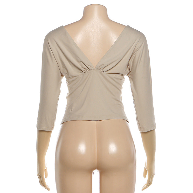 Elegant Deep V-Back Three-Quarter Sleeve Top