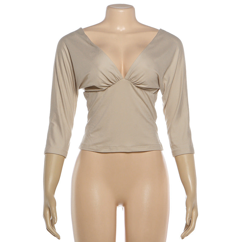 Elegant Deep V-Back Three-Quarter Sleeve Top