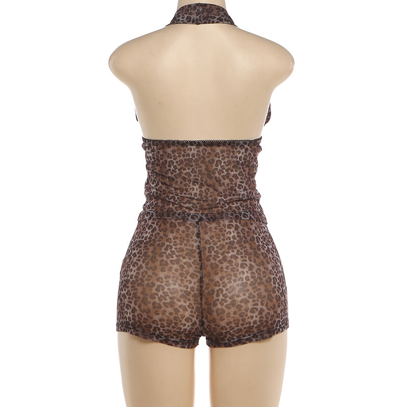 Sheer Mesh Leopard Halter & Shorts Set