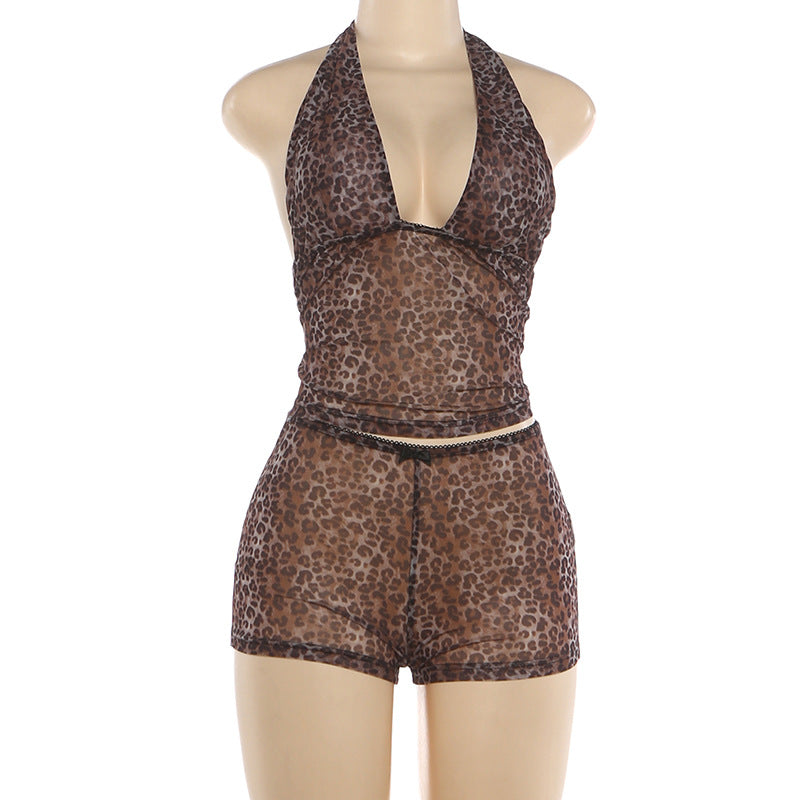 Sheer Mesh Leopard Halter & Shorts Set