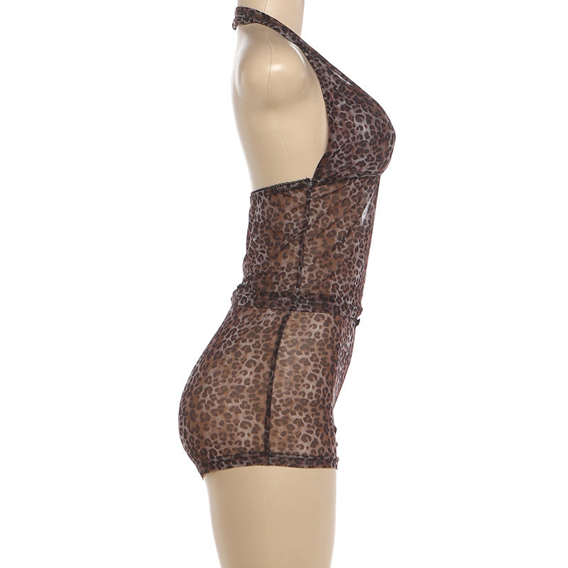 Sheer Mesh Leopard Halter & Shorts Set