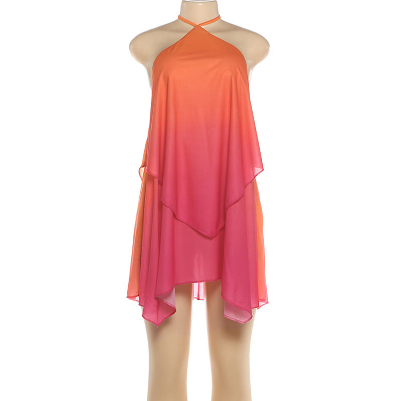 Sunset Pink Chiffon Layered Halter Dress