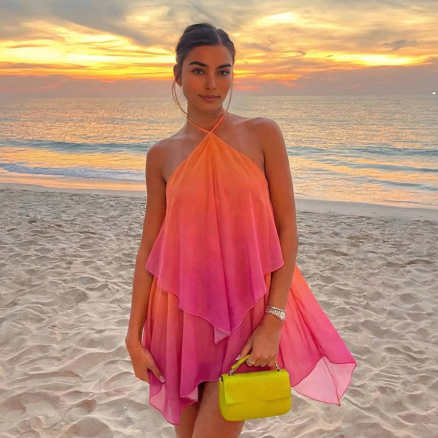 Sunset Pink Chiffon Layered Halter Dress