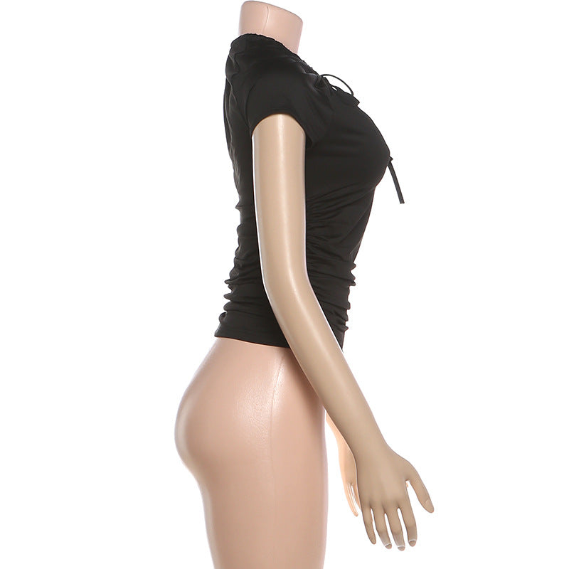 Keyhole Cutout Tie-Front Ruched Top
